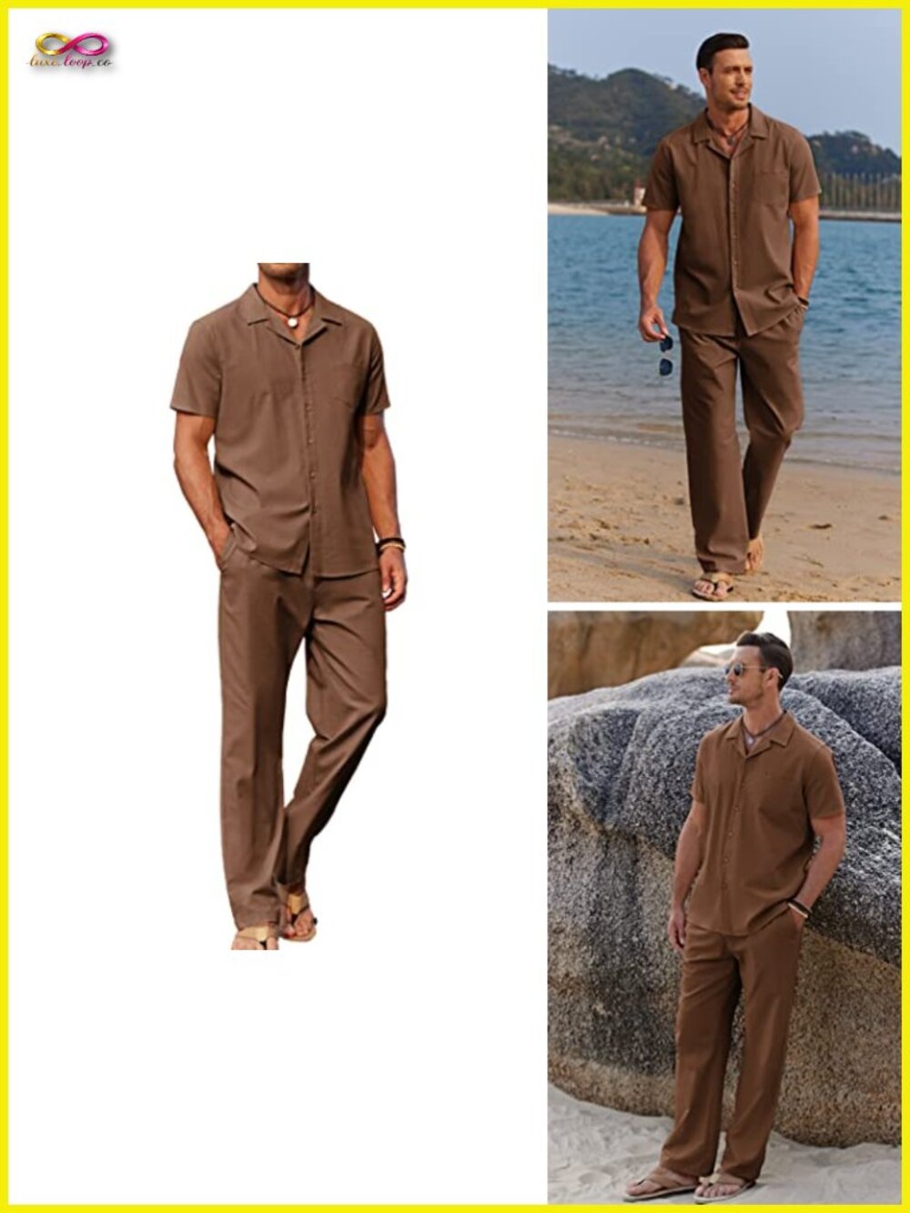 Men's 2 Piece Linen Blend Button Down Shirt and Loose Pant Set